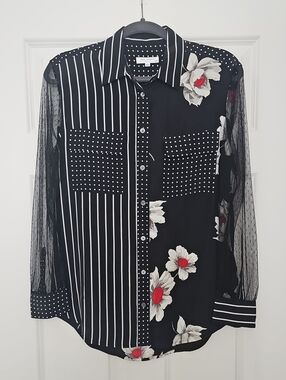 Equipment Femme Silk Mixed Print Sheer Sleeve Button Down Blouse Black S